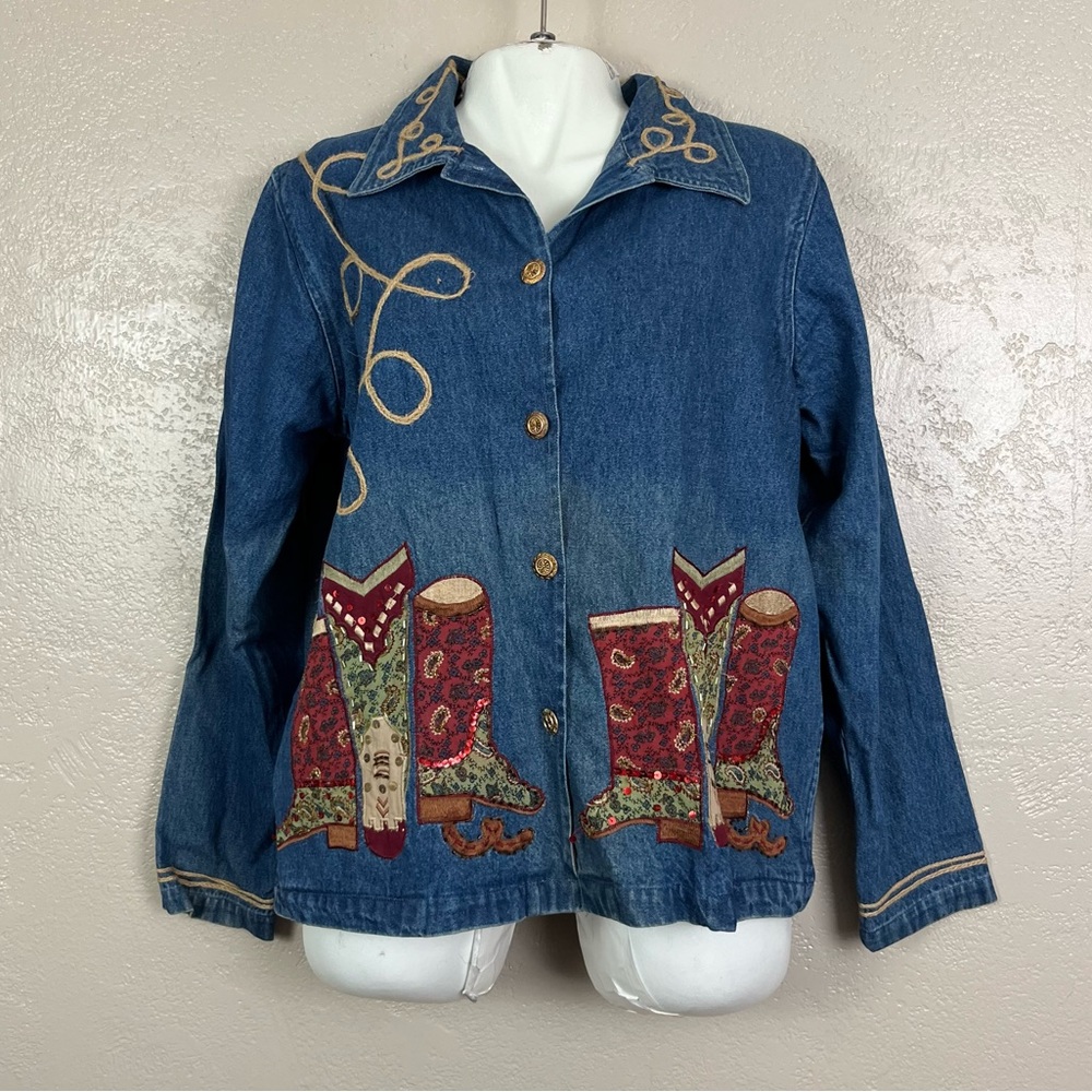 Vintage Tantrums Denim Jacket Blue Cowgirl Boots Patchwork Embroidered Beads M‎